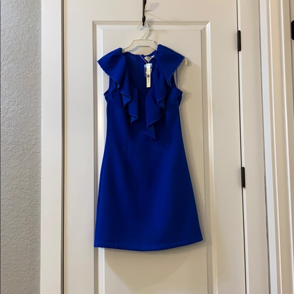 Royal blue dress with ruffle neck line
